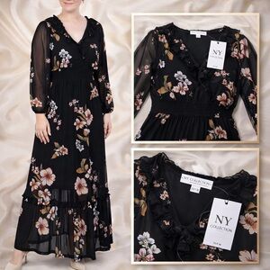 NY Collection Petite Black Floral Mesh Maxi Dress PM NWT Long Sleeve